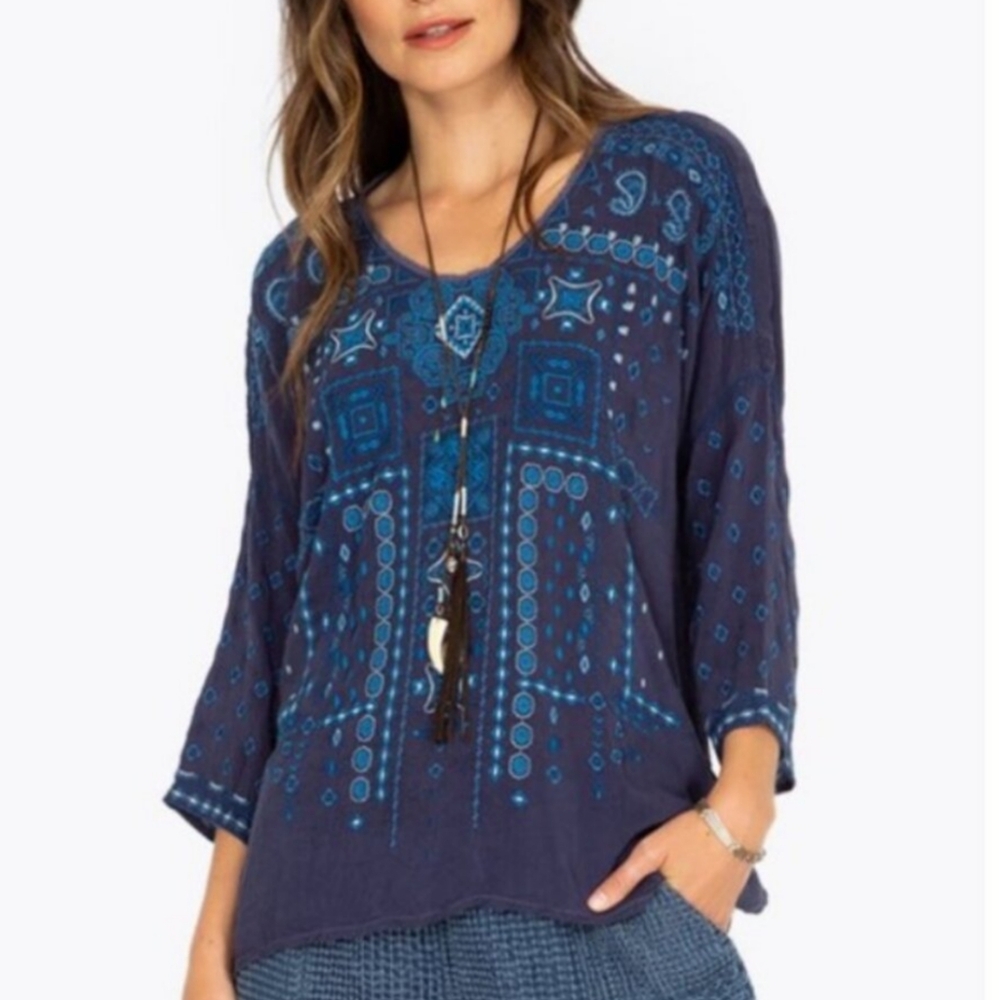 Johnny Was Amaru Embroidered Blouse Women's S Blue Paisley Cottagecore Retro 90s